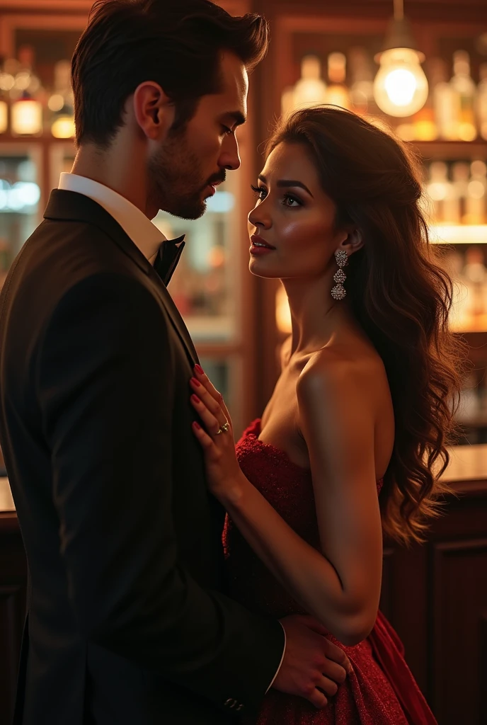 Beautiful woman surprised at a handsome man in a bar