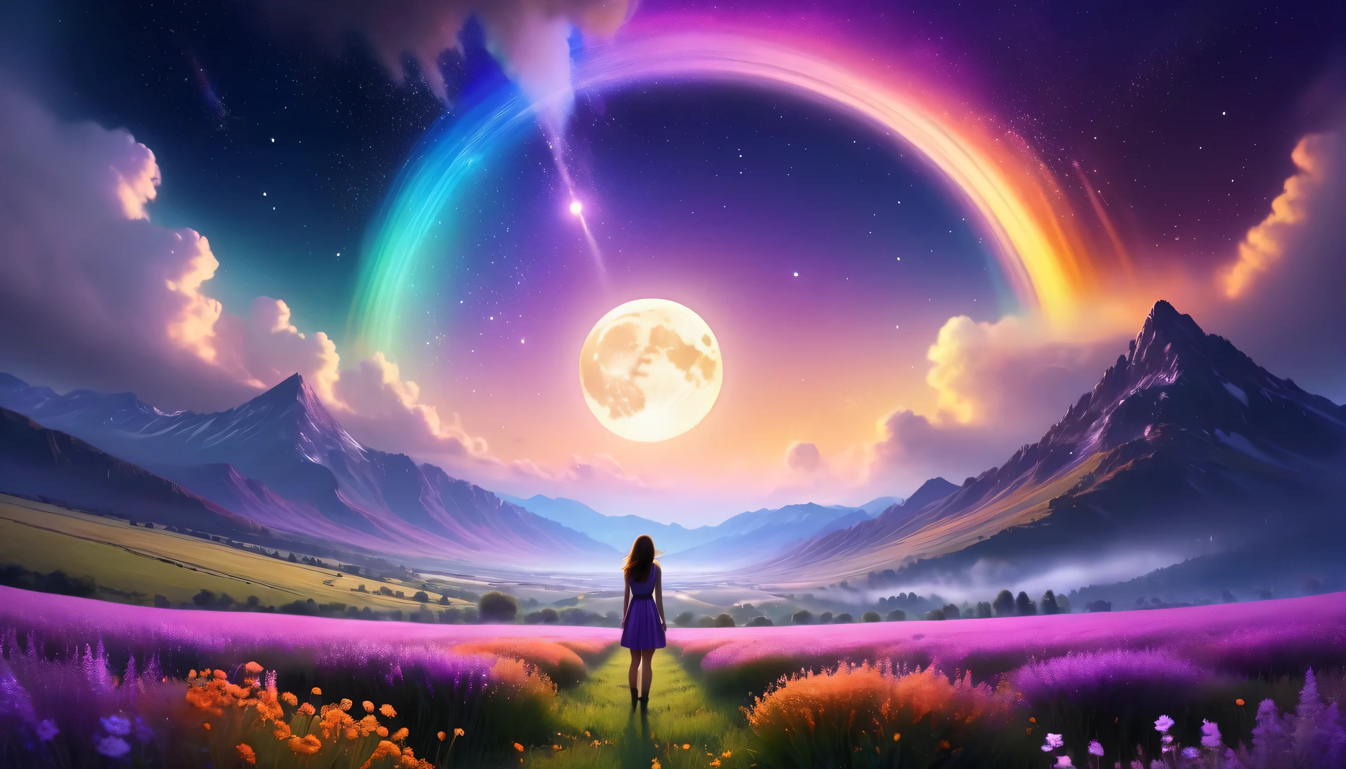 vast landscape photo, (view from the bottom, The sky is above and the open field is below), a girl standing on a flower field looking up, (fullmoon: 1.2), (Meteor: 0.9), (nebula: 1.3), distant mountains, Árvores BREAK Crafting Art, (warm light: 1.2), (fire flies: 1.2), lights, lot of purple and orange, details Intricate, volumeric lighting, realism BREAK (Masterpiece artwork: 1.2), (best qualityer), 4K, ultra details, (dynamic compositing: 1.4), very detailed and colorful details, (rainbow colors: 1.2), (bright illumination, Atmospheric Illumination), dreamy, magica, (solo: 1.2)