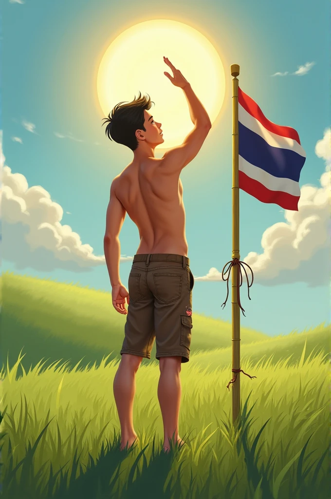 A shirtless Thai boy wearing ripped brown shorts stands on a grassy hill and salutes the sun with his right hand, with a bamboo pole decorated with the Thai flag next to him.
