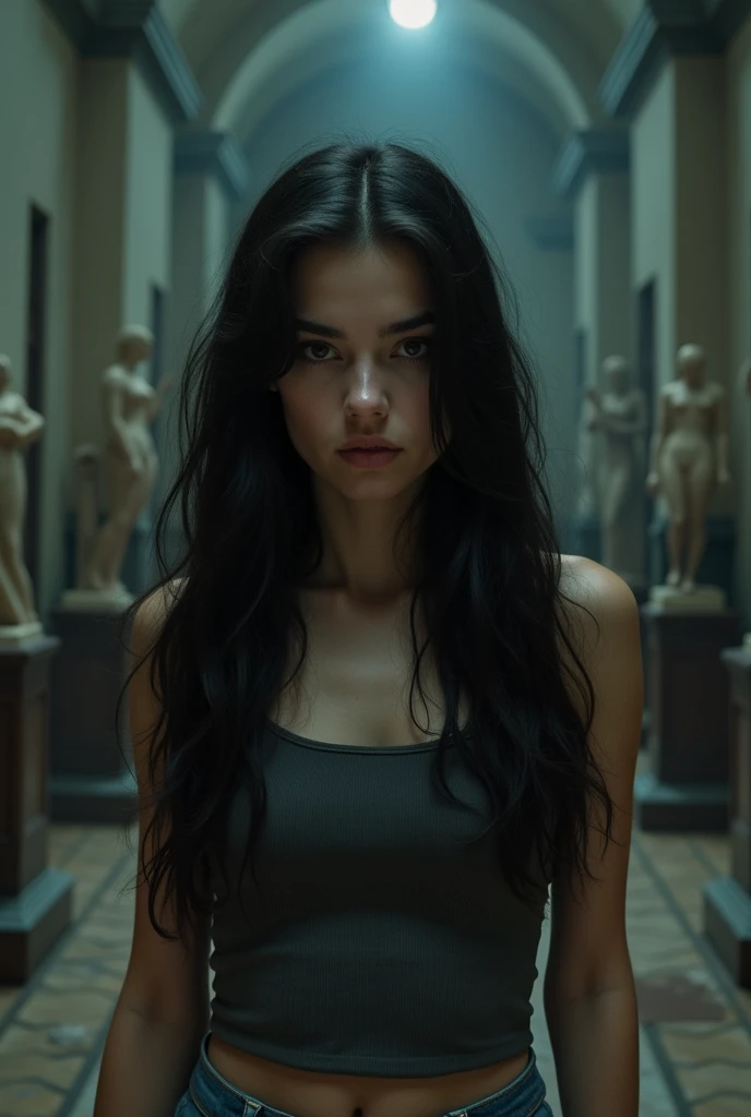 Sofia, a twenty-five-year-old woman, is facing the camera, a few inches away, as if she is about to share a dark secret. His skin is fair, almost pale under the dim light that illuminates the abandoned museum. Her brown eyes are large and attentive, with a constant alert expression, while her long black hair cascades over her shoulders. She wears a tight knit blouse and jeans, which contrast with the rigidity of the scenery around her. The air in the museum is dense and heavy, with dusty sculptures and exhibits watching Sofia as if they were alive. Every step she takes echoes through the empty rooms, but she remains calm, even though she senses danger is near. Her sharp mind analyzes every detail, and her determination to get out of there safely keeps her steady, even though fear is beginning to take over her thoughts.
