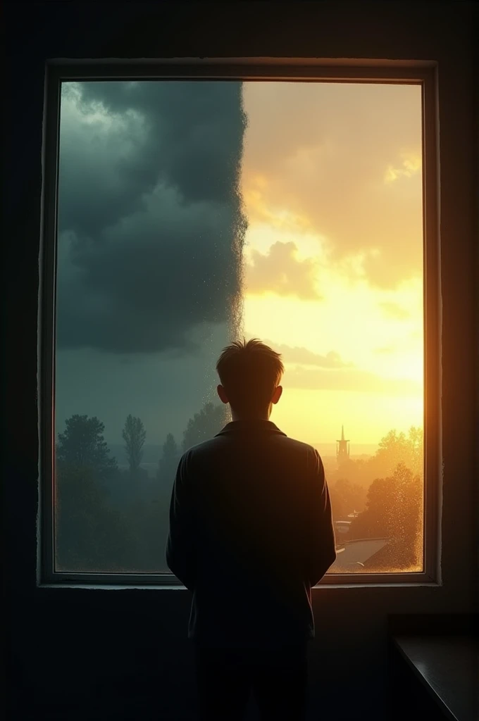 draw a person looking through a window where one side shows a stormy, dark environment, and the other side shows a bright, sunny day.
