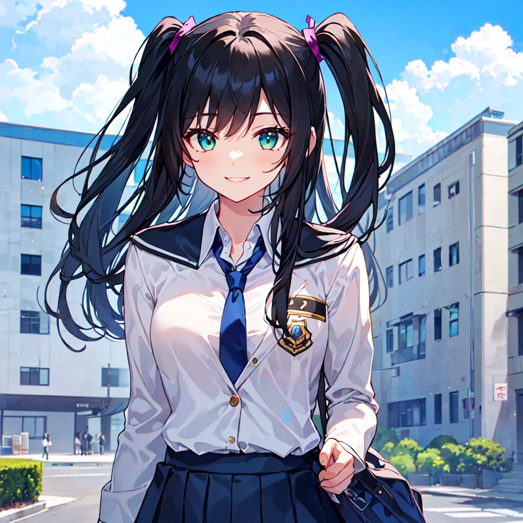 masterpiece, best quality, high quality, extremely detailed, very delicate and beautiful, (1female 1 adult solo:1.5), (long black hair with two side up:1.5), bangs to eyebrows, eyes sharp and bright (eye color magenta:1.3), 6.5 head height, (clothes navy blue uniform blazer and gray uniform skirt and tie blue-green and black knee socks:1.3), lace, (standing), ( walking :1.3),(dynamic pose), (smiling), (upper body:1.3), (background School building:1.3), ( Blue sky:1.3)