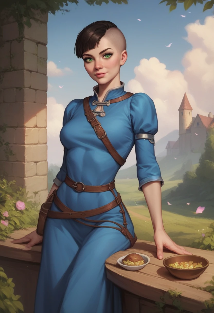 a French woman short blond bowl cut, green eyes, pale skin, slim and slender build, tall, sweet face, stylized none,long tunic night blue outfit,with golden and red touches, heroic fantasy medieval, mage,wide open and menacing eyes, a powerful magical aura, comics , sketch,realistic