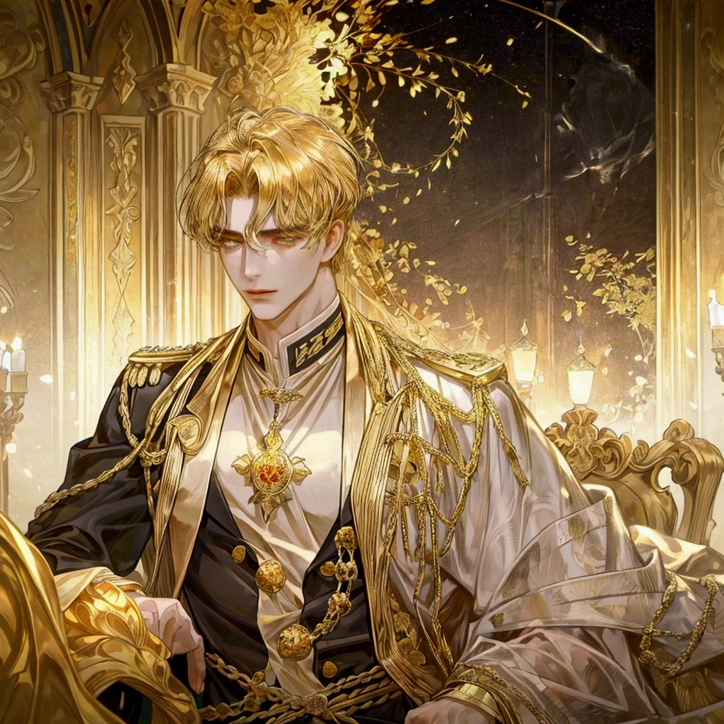 A mature, successful businessman, a modern reincarnation of Constantine the Great, a serious and attractive young man with a kind and earnest expression, a calm and composed demeanor, capable of being resolute when necessary, bright and piercing lion-like eyes, ((deep golden eyes)), in the scenic landscape of Venice at dawn.