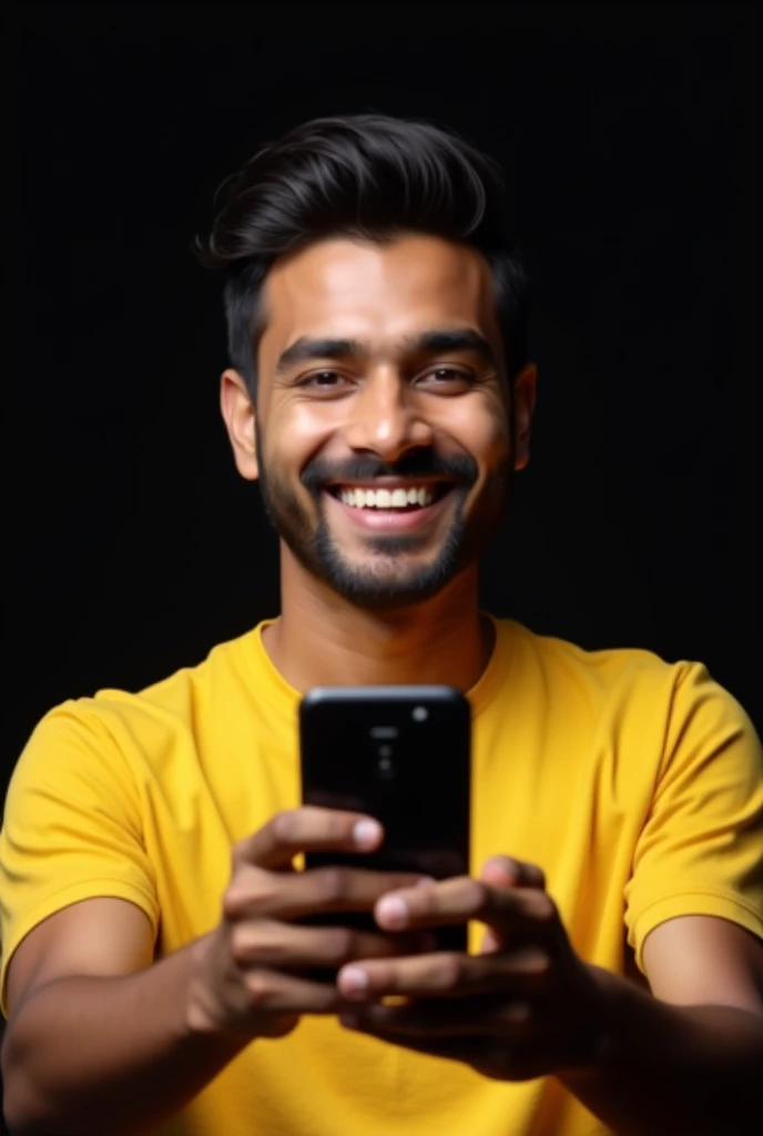 The image shows a young Indian man with  hair, smiling and holding up a smartphone and screen of phone is ahead of camera in large image. He is wearing a yellow t-shirt and appears to be happy and excited. The background is black 