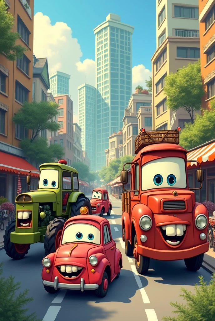 The car, the tractor, the bus and the bike happily exploring the city, with buildings, trees and the market in the background