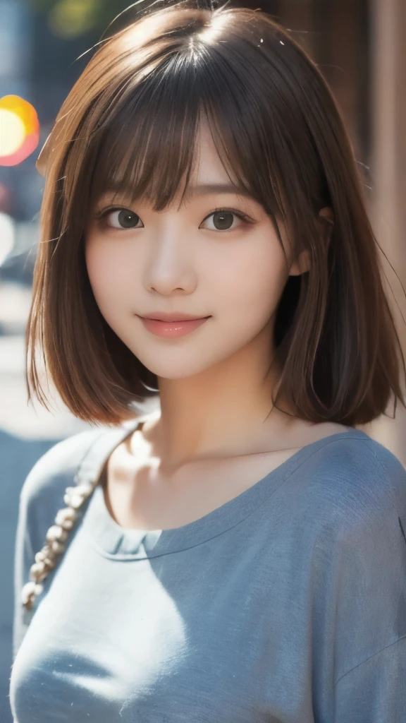 8k,Highest quality,(masterpiece:1.2),(Realistic),(Realistic:1.37),Ultra-high resolution,1 female college student,city,smile,Beautiful Eyes,In town,(((Cute casual clothes))),Big Breasts,Perfect body,Perfect Fingers,Professional Lighting,gravure,Detailed face and skin texture,fine grain,RAW Photos