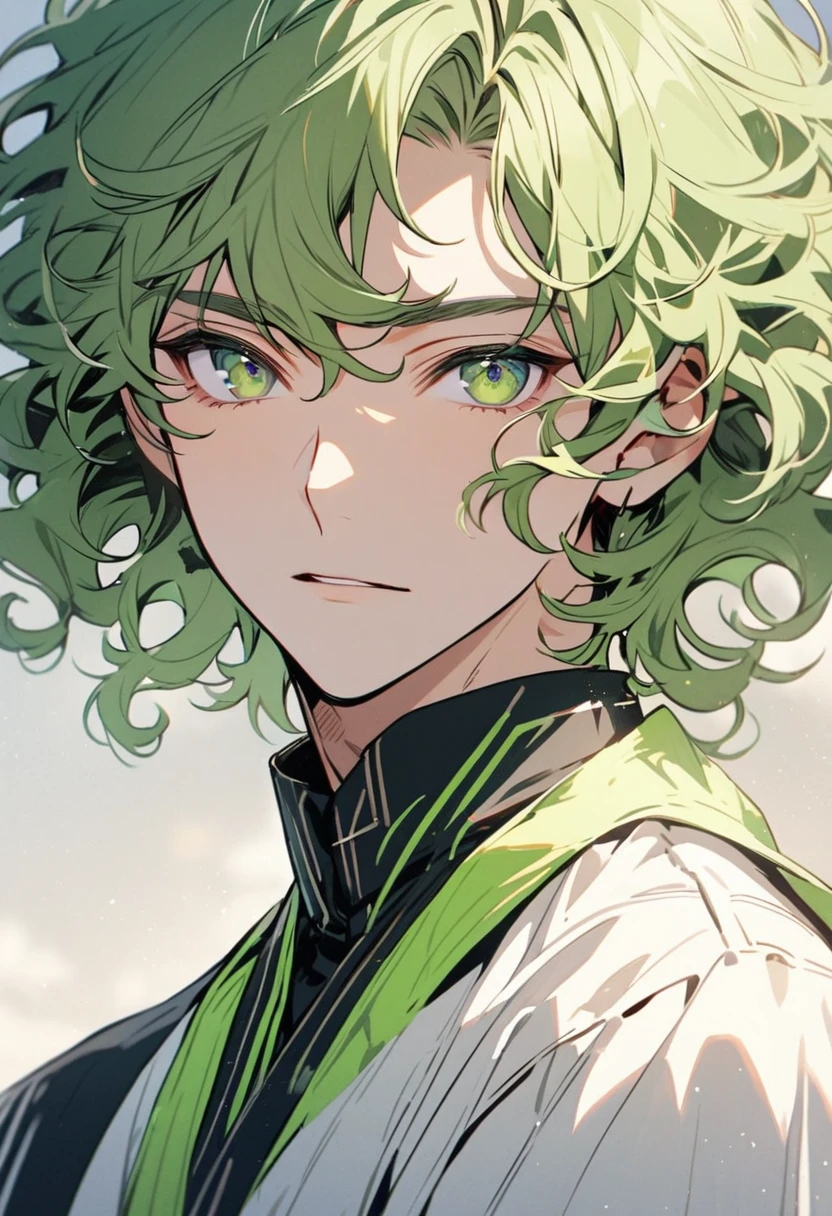 male, solo, handsome, curly hair, short hair, green hair, green eyes, beautiful color, main face
