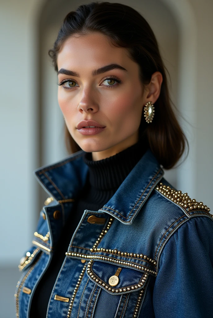 European woman model wearing a denim jacket with studs embedded in it, extremely luxurious 