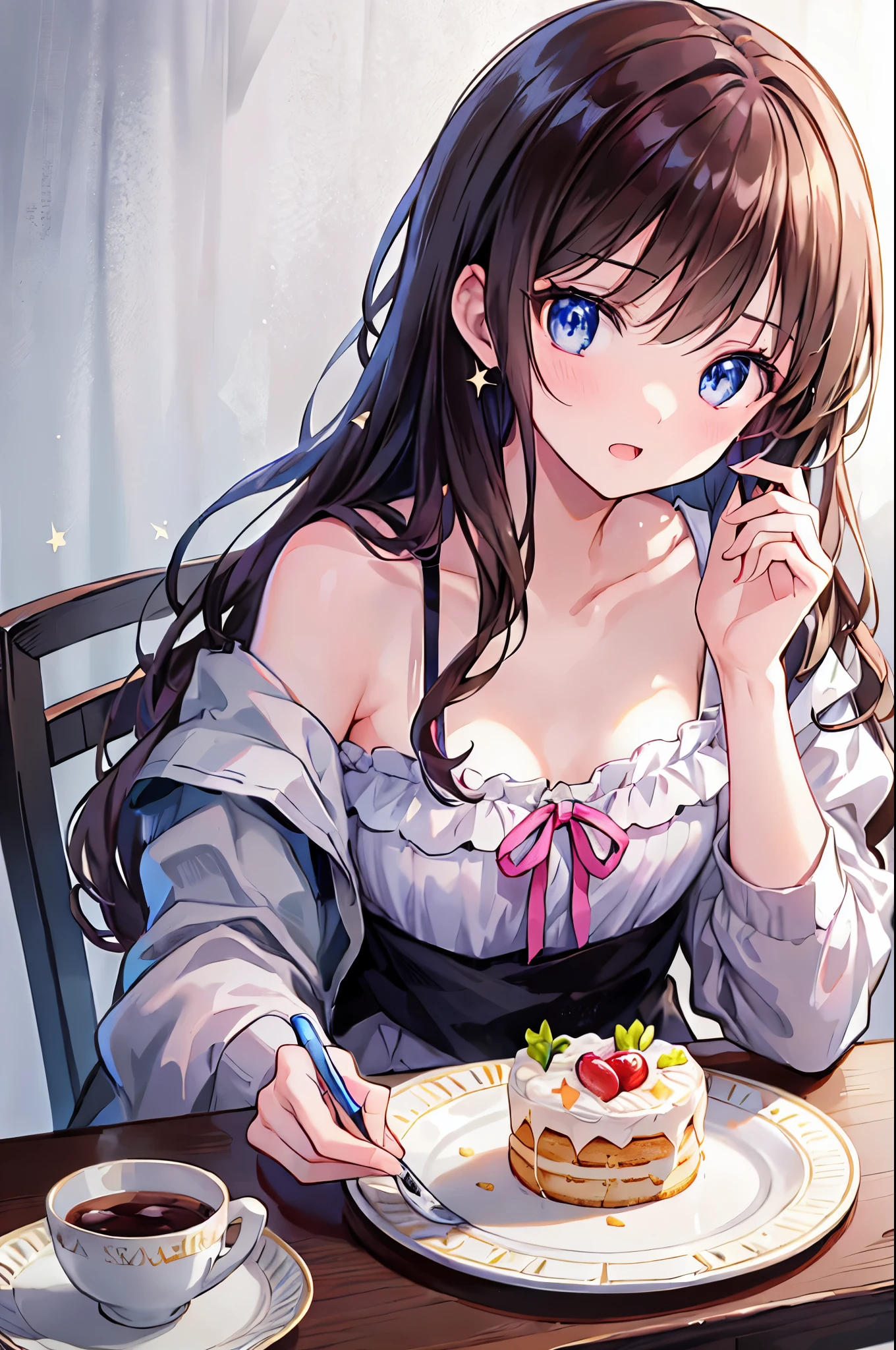 A cartoon character is at a table holding a plate of food,Brown Hair,Shortcuts,Messy Hair,Slender beauty,A dignified posture,Small chest,Beautiful feet,Her captivating grey-blue eyes shine like stars,break (masterpiece:1.2), Highest quality, High resolution, unity 8k wallpaper, (shape:0.8), (Beautiful attention to detail:1.6), Highly detailed face, perfectionな照明, Extremely detailed CG, (perfectionな手, perfectionな解剖学),,Beautiful illustrations, Highest quality, cute, Cafe, Sitting, perfection, cake, (Voice of the Heart), Happy, Open your mouth, close your eyes, Casual clothing, clavicle, Long Hair, Black Hair