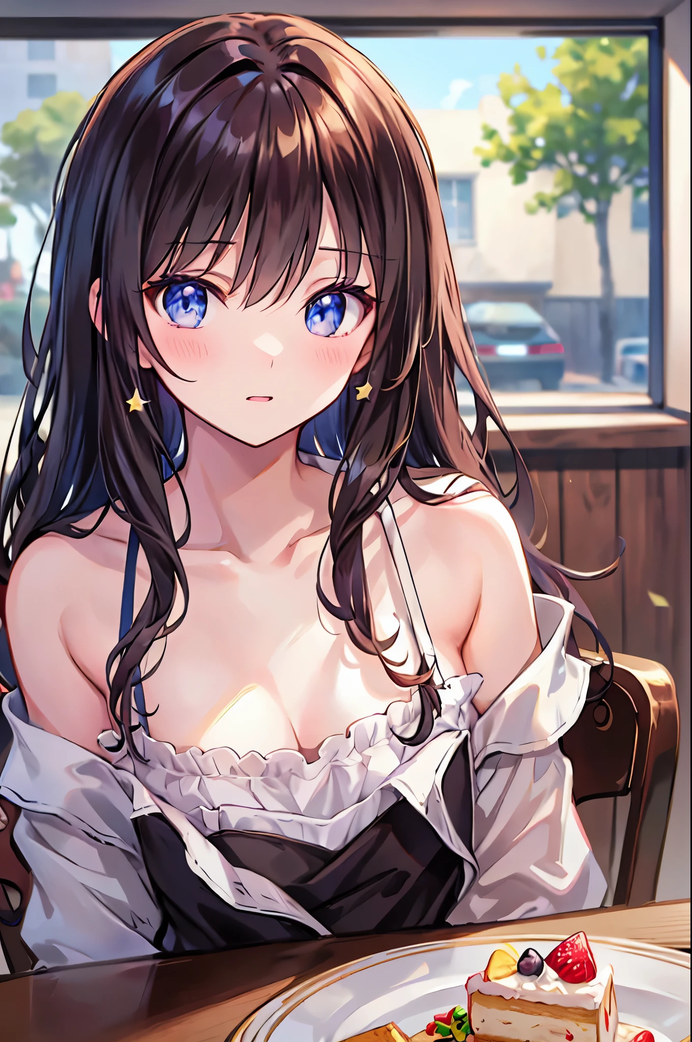 A cartoon character is at a table holding a plate of food,Brown Hair,Shortcuts,Messy Hair,Slender beauty,A dignified posture,Small chest,Beautiful feet,Her captivating grey-blue eyes shine like stars,break (masterpiece:1.2), Highest quality, High resolution, unity 8k wallpaper, (shape:0.8), (Beautiful attention to detail:1.6), Highly detailed face, perfectionな照明, Extremely detailed CG, (perfectionな手, perfectionな解剖学),,Beautiful illustrations, Highest quality, cute, Cafe, Sitting, perfection, cake, (Voice of the Heart), Happy, Open your mouth, close your eyes, Casual clothing, clavicle, Long Hair, Black Hair