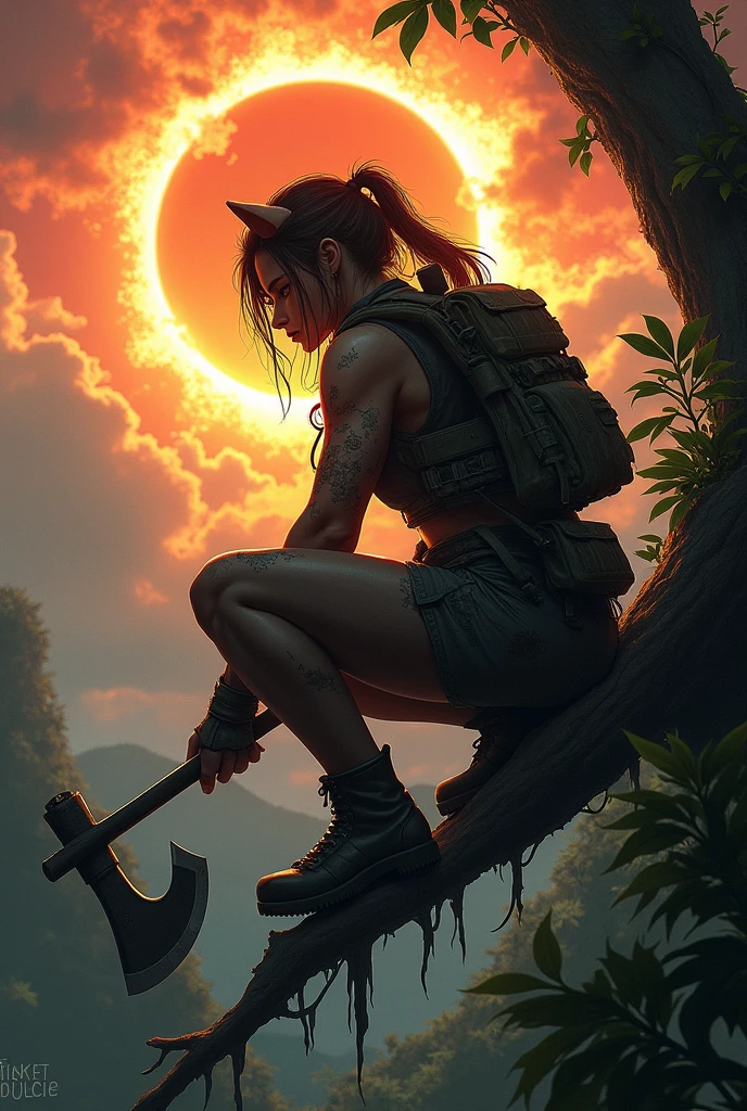 A rugged female adventurer crouches on a tree branch, poised with an axe in one hand and a weapon in the other. She is dressed in tactical gear, showing signs of wear and dirt, against a dramatic backdrop of a solar eclipse. The orange and dark hues of the sky create a striking atmosphere, highlighting her fierce determination and the lush jungle below.