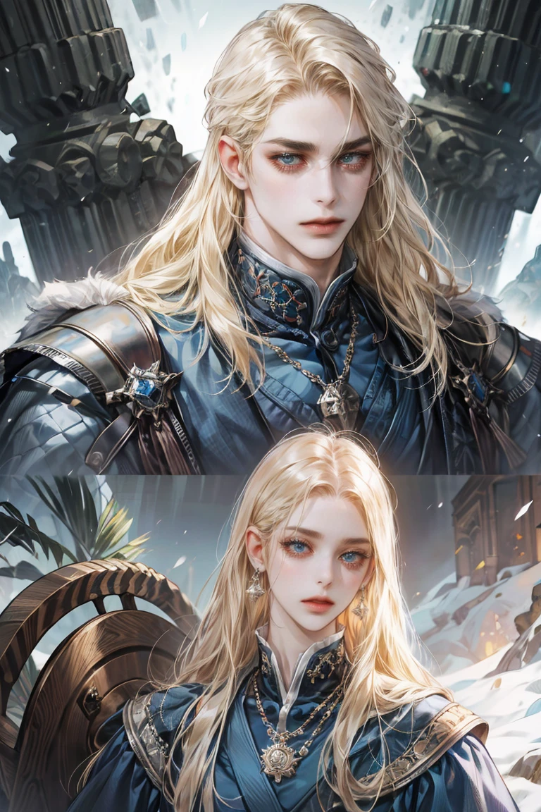 absurdity, high resolution, very detailed, HDR, masterpiece, realism, realist, 40 year old adult male, rasgos muy masculines, Serious, very detailed 얼굴과 눈, semi long straight hair, blond hair, bushy eyebrows, around, Angry eyebrows, Expressive blue eyes, rasgos masculines, detailed eyes, Looking at the audience, 1 person, viking style clothing, masculine, blue clothes con abrigo de piel blanco, Snowy background, White skin, viking necklace, blue clothes, white earrings, Wizard&#39;s medallion, Well-groomed hair, Complete Plan, Strong chest, realism magico, masculine, men&#39;cloth, vivid colors, Fotorrealist, 8k, best quality, high resolution, movie lights, intricate details, snow background.