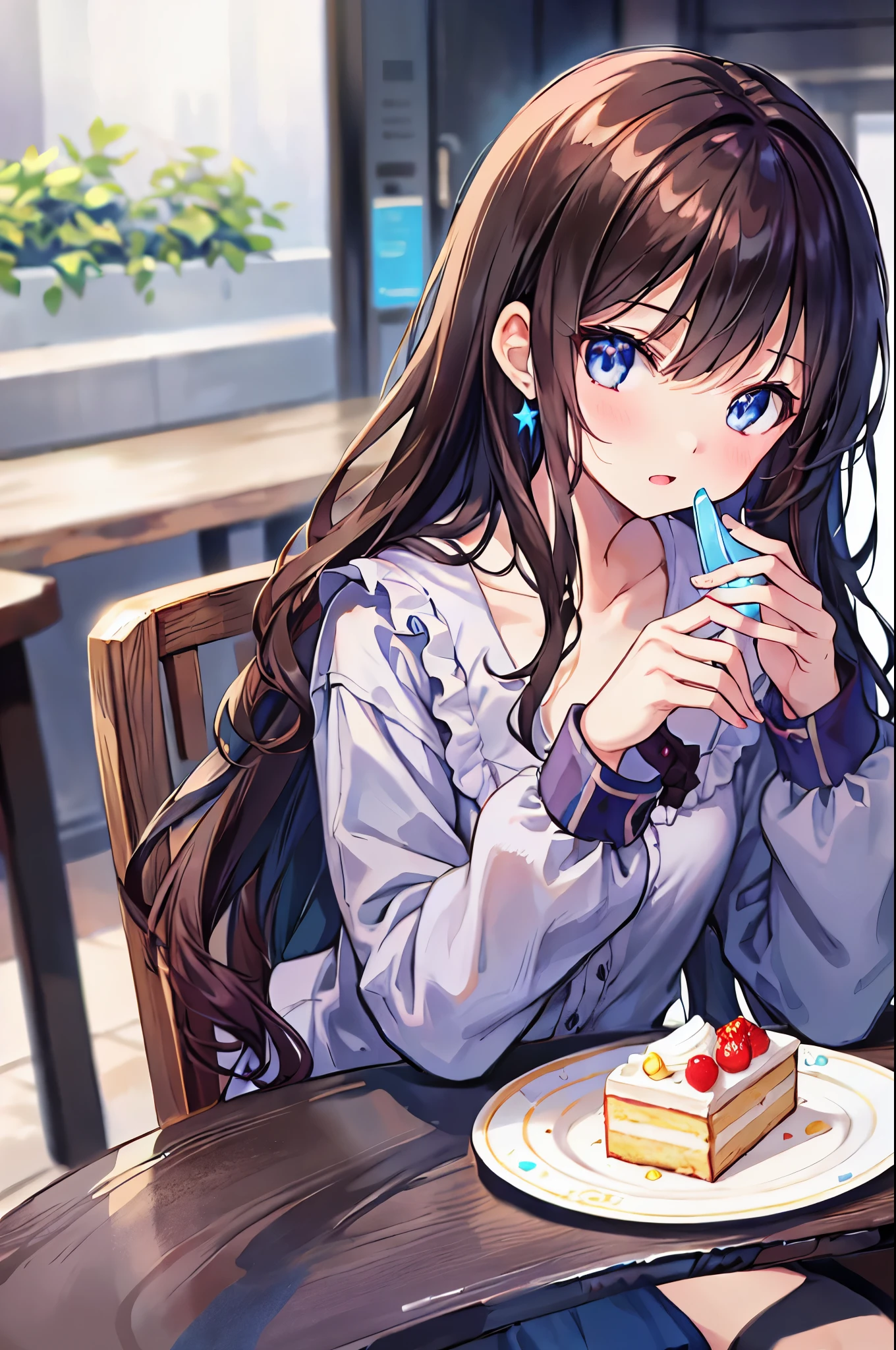 A cartoon character is at a table holding a plate of food,Brown Hair,Shortcuts,Messy Hair,Slender beauty,A dignified posture,Small chest,Beautiful feet,Her captivating grey-blue eyes shine like stars,break (masterpiece:1.2), Highest quality, High resolution, unity 8k wallpaper, (shape:0.8), (Beautiful attention to detail:1.6), Highly detailed face, perfectionな照明, Extremely detailed CG, (perfectionな手, perfectionな解剖学),,Beautiful illustrations, Highest quality, cute, Cafe, Sitting, perfection, cake, (Voice of the Heart), Happy, Open your mouth, close your eyes, Casual clothing, clavicle, Long Hair, Black Hair