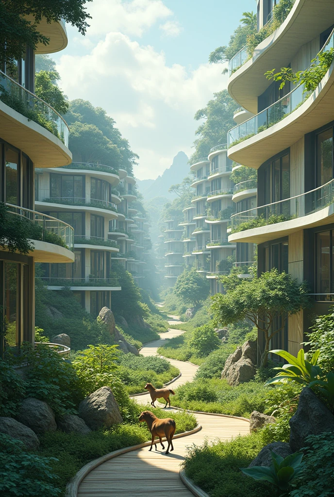 A utopian world in which technology is very advanced and yet it still contains nature, Animals roam freely. The houses all look the same and the people very happy 