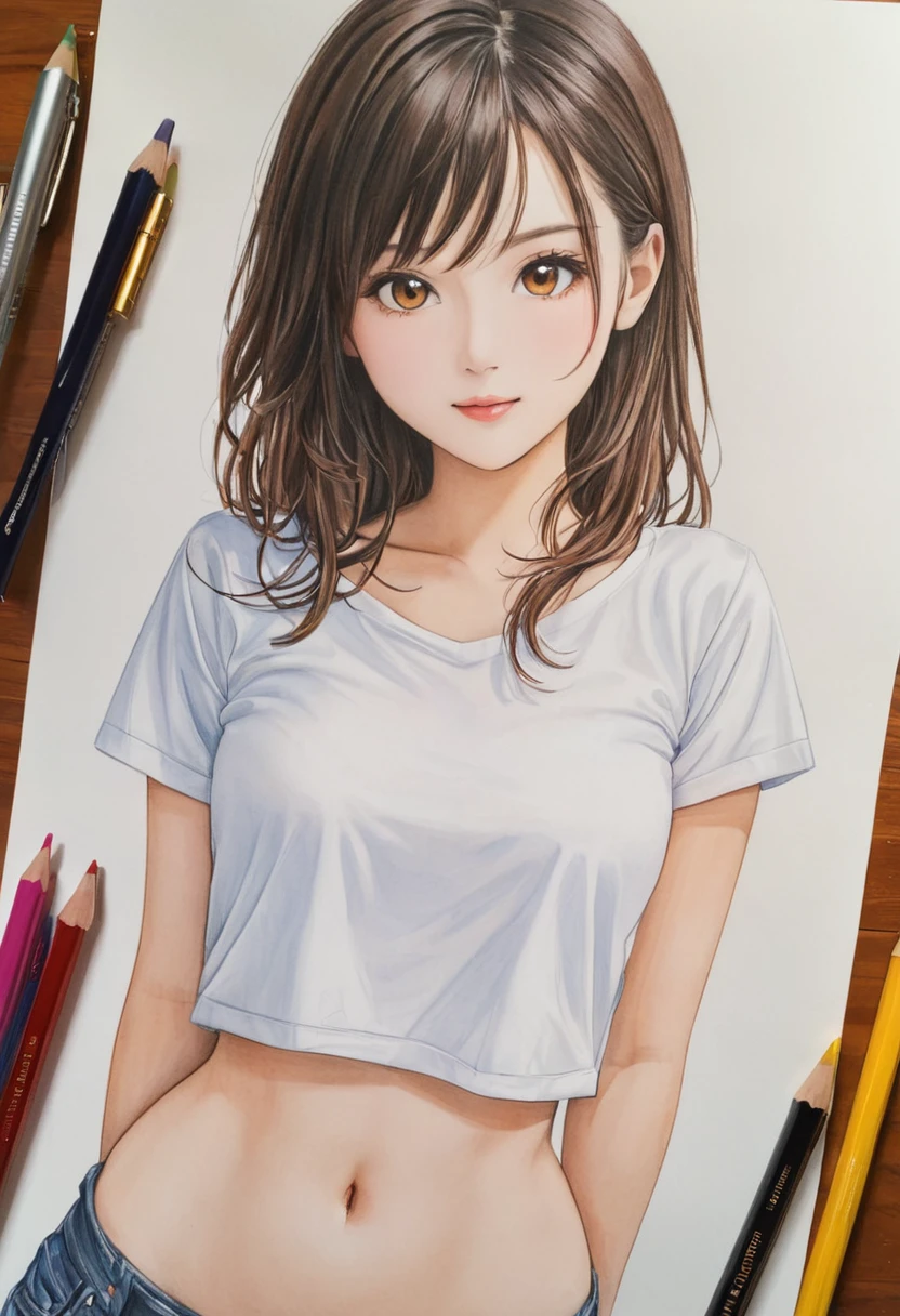  female，crop shirt，white，Art，colour pencil drawing，draft drawing 