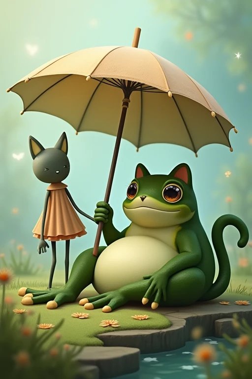 Lying cat Frog with umbrella Man in a dress
