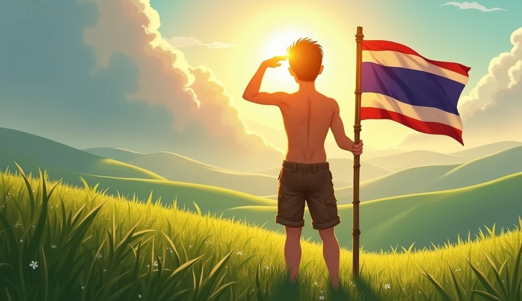 A shirtless Thai boy wearing ripped brown shorts stands on a grassy hill and salutes the sun with his right hand, with a bamboo pole decorated with the Thai flag next to him.