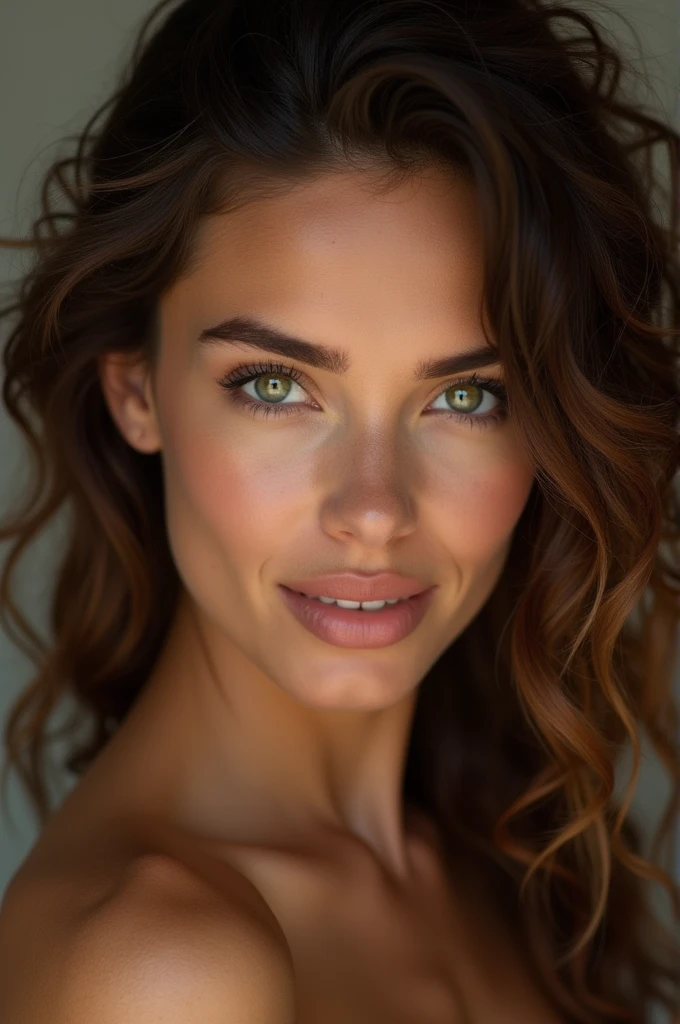 20 year old woman with dark skin of Spanish origin ,green brown eyes , light brown curly hair , full lips , fine trait , studio light