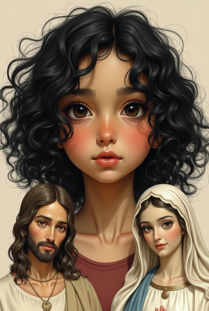Create a drawing of a brown color, with medium and voluminous black curly hair, Layered cut, With a round face, eyes black, arched eyebrows, round nose and a beautiful mouth, a teenage girl, and with a black spot below the eye and with Jesus Christ on one side and Our Lady of Aparecida on the other. 
