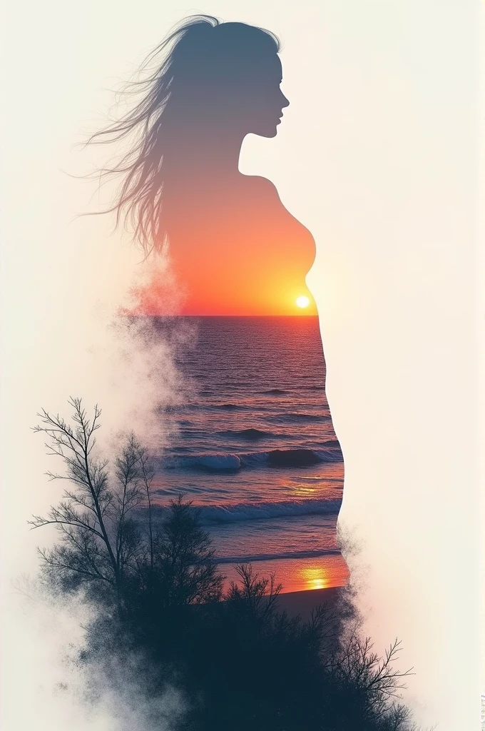 high quality, 8K Ultra HD, A beautiful double exposure that combines an goddess silhouette with sunset coast, sunset coast should serve as the underlying backdrop, with its details incorporated into the goddess , crisp lines, The background is monochrome, sharp focus, double exposure, by yukisakura, awesome full color,