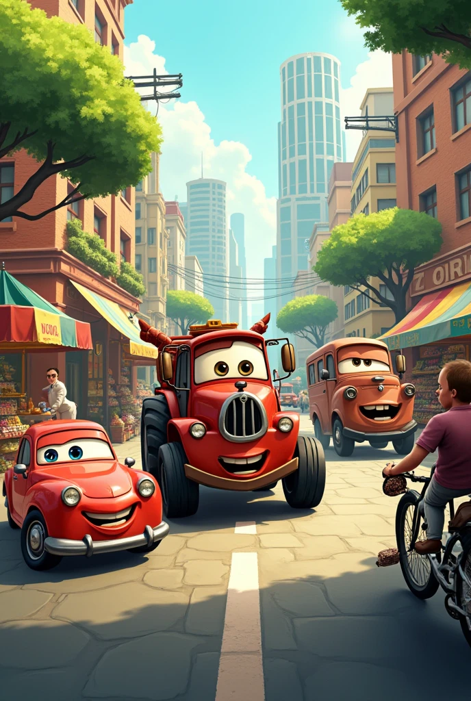The car, the tractor, the bus and the bike happily exploring the city, with buildings, trees and the market in the background
