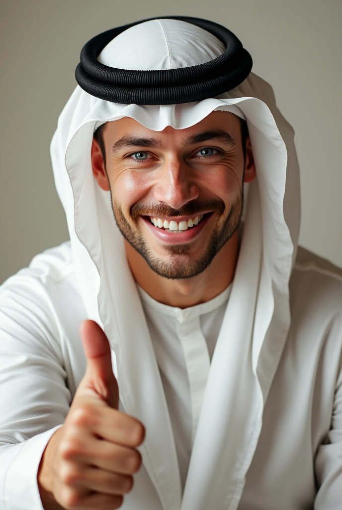 (best quality, 4k, 8k, highres, masterpiece:1.2), ultra-detailed, (realistic, photorealistic, photo-realistic:1.37), The handsome man with blue eyes and golden hair, dressed in traditional Arabian attire, holding up a hand with a thumbs-up gesture towards the camera, his expression is friendly and approving, the background is a soft, neutral tone to keep the focus on the gesture and his engaging smile.