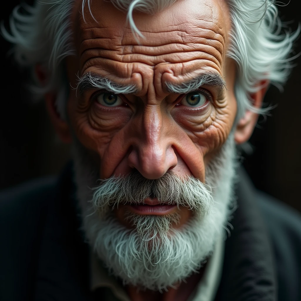 Old man with a serious expression(Close-up of face): "A hyper-realistic close-up of an elderly man's face with white hair and a full beard, his expression serious and focused. His eyes are intense, with deep wrinkles adding to the gravity of his look. The background is softly blurred, keeping all attention on the depth of his serious, thoughtful expression."