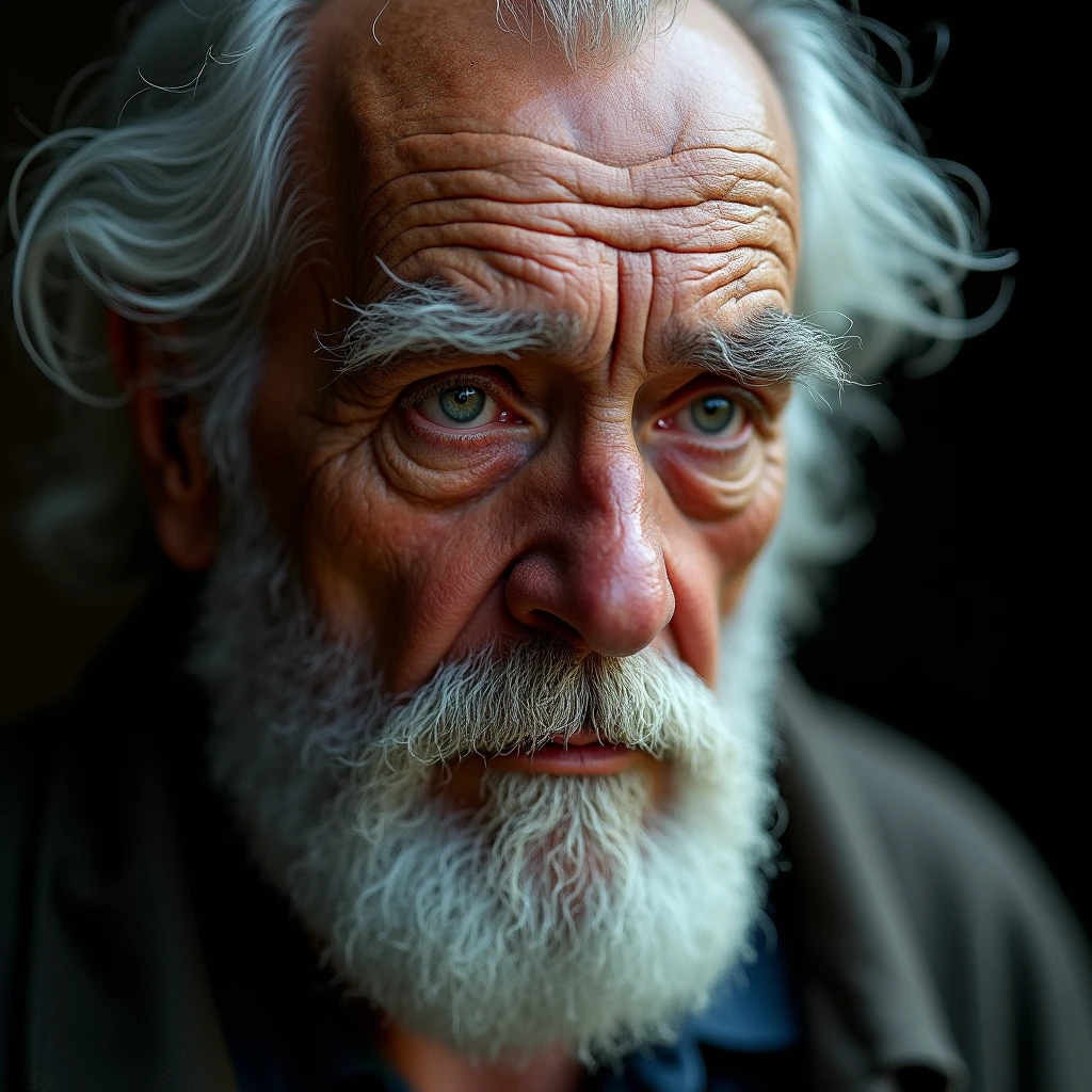Old man with a serious expression（Close-up of face）: "A hyper-realistic close-up of an elderly man's face with white hair and a full beard, his expression serious and focused. His eyes are intense, with deep wrinkles adding to the gravity of his look. The background is softly blurred, keeping all attention on the depth of his serious, thoughtful expression."