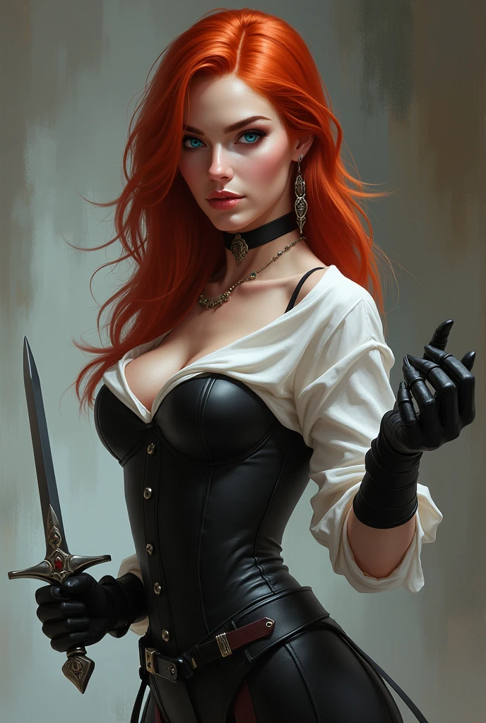 Create a beautiful red-haired, blue-eyed woman wearing a black corset and a white shirt underneath and holding two small daggers in both hands, that doesn't look vulgar