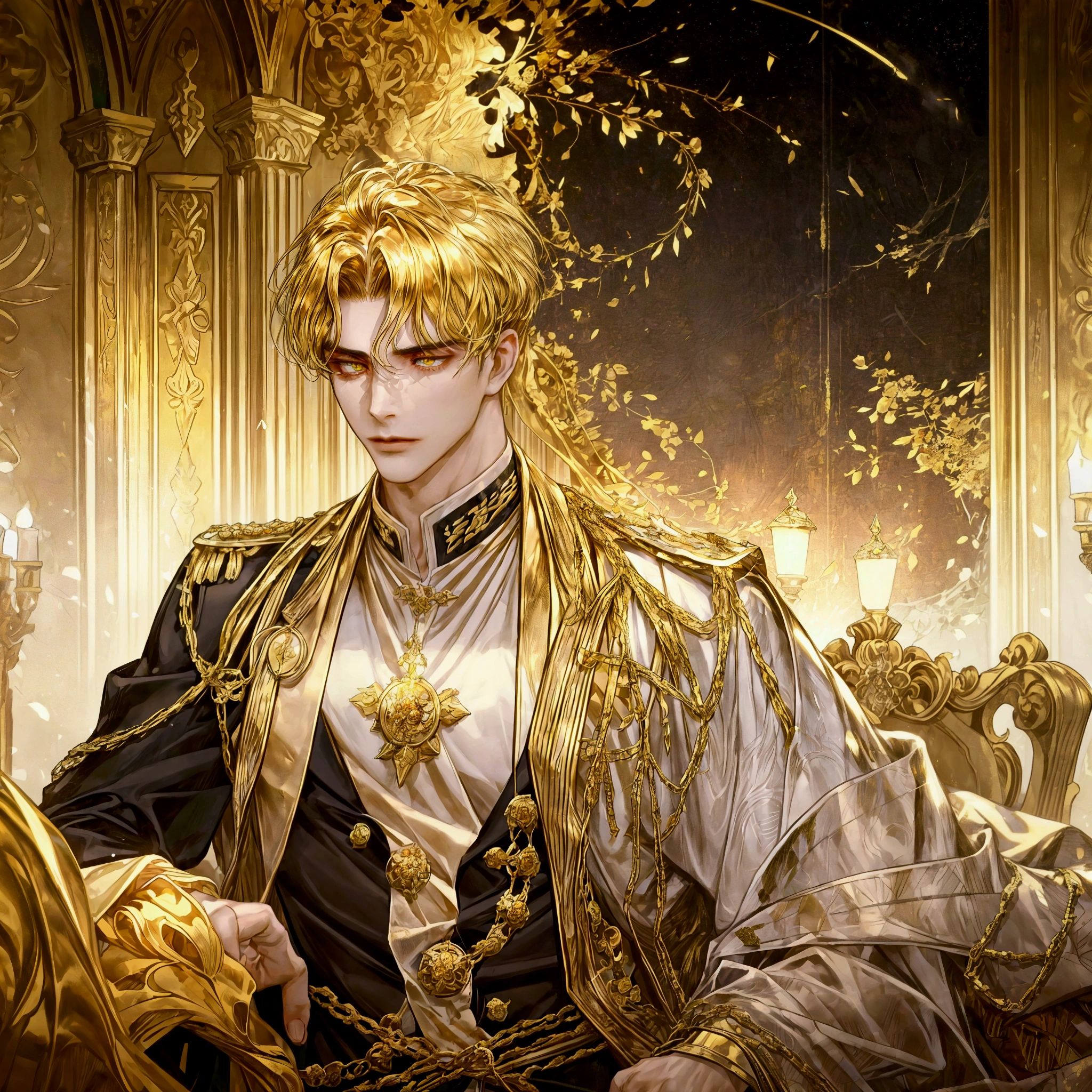 A mature, successful businessman, a modern reincarnation of Constantine the Great, a serious and attractive young man with a kind and earnest expression, a calm and composed demeanor, capable of being resolute when necessary, bright and piercing lion-like eyes, ((deep golden eyes)), in the scenic landscape of Venice at dawn.