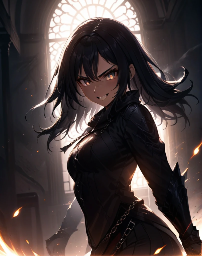 1girl, angry, dark aura, black outfit, assassin, dynamic angle, 8k, hd, illustration, official artwork, anime style, rage smile, dark fantasy, moody lighting, chiaroscuro, dramatic composition, intense atmosphere, sharp focus, photorealistic, cinematic, masterpiece