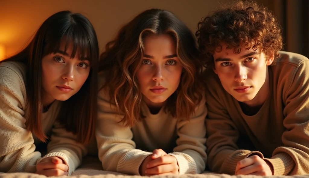 A highly realistic, high-contrast, 8K HD, detailed, hyper-detailed image of three young individuals, two women and one man, leaning forward as they peer into the camera. The scene is set in a cozy, American-style room, illuminated by warm, orange lighting. The first woman has long, straight hair with bangs and is wearing a cream-colored sweater. The second woman has shoulder-length wavy hair and is also dressed in a cream-colored sweater. The man has curly brown hair and is wearing a brown t-shirt. Their faces are clear and detailed, with neutral expressions, captured as they curiously look directly into the camera. The background is minimalistic to keep the focus on the individuals, with soft shadows adding depth and realism to the scene.