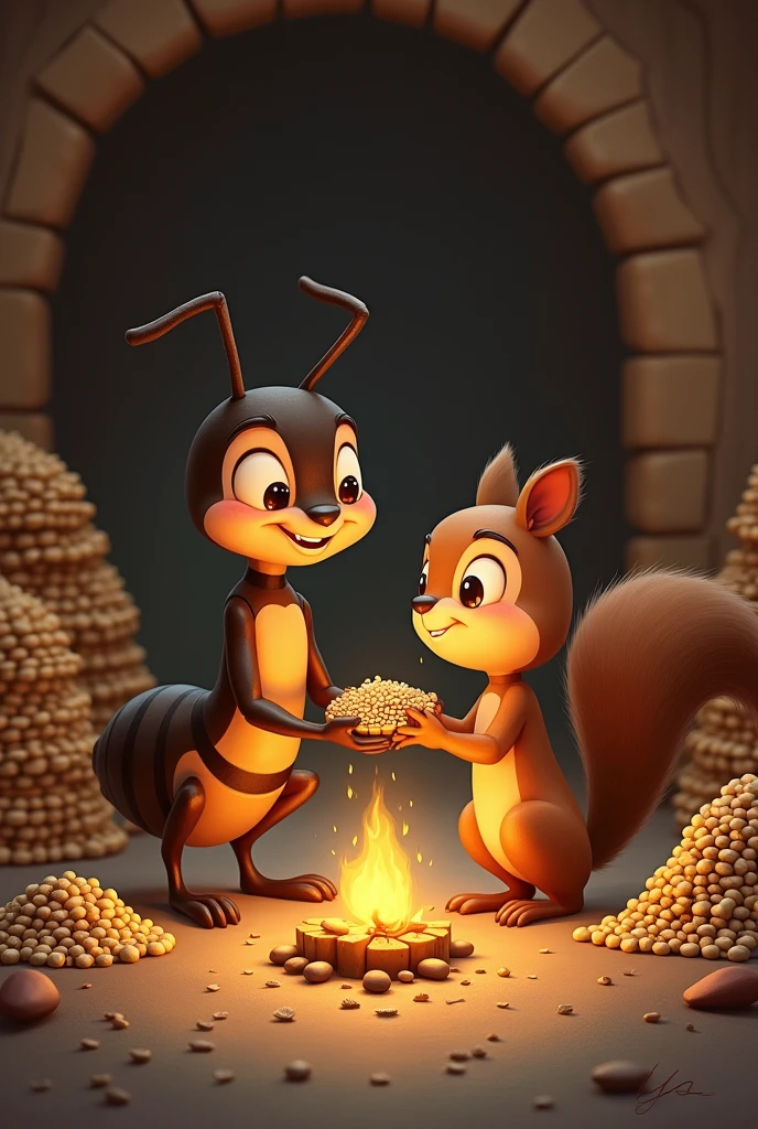 *Andy Sharing Food with Sammy:**
- "Inside a cozy, warm anthill, Andy the ant is seen sharing his stored food with a grateful and apologetic Sammy the squirrel. The background shows neat stacks of grains and seeds that Andy has collected, and a small fire providing warmth. The scene captures the warmth and kindness of Andy's gesture."