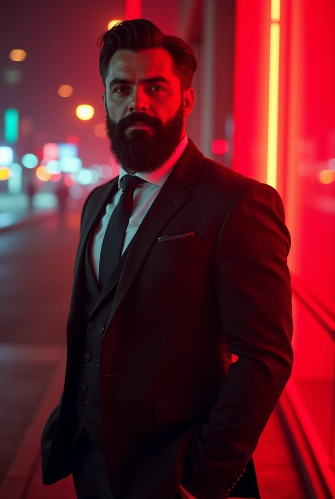 A man with full beard with mid part of hair, tall dark body tone and wore a formal cloth standing in red& neon lighting in the city