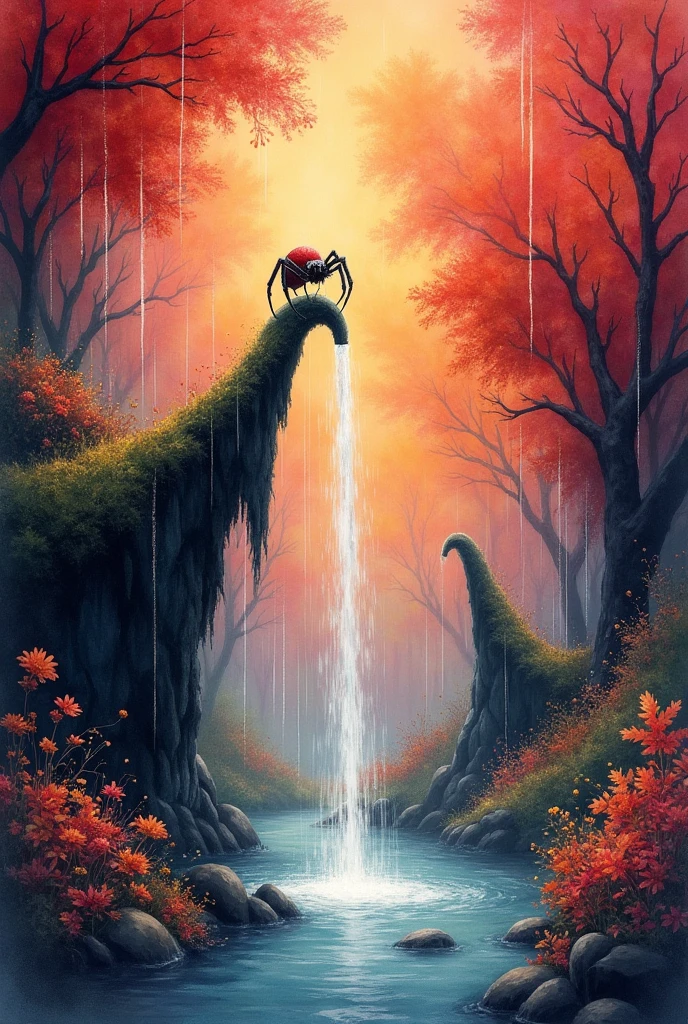 Watercolor painting of a fantastical landscape with itsy bitsy spider crawling up a water spout, rain cascading down, vibrant hues of red, orange, and velvety black saturate the scene, invoking a Thomas Kinkade, Karol Bak, and Pino Daeni inspired magic, intricate details adding to the allure, mythical elements framed within aquarelle techniques, dramatic lighting enhancing the fantastical atmosphere