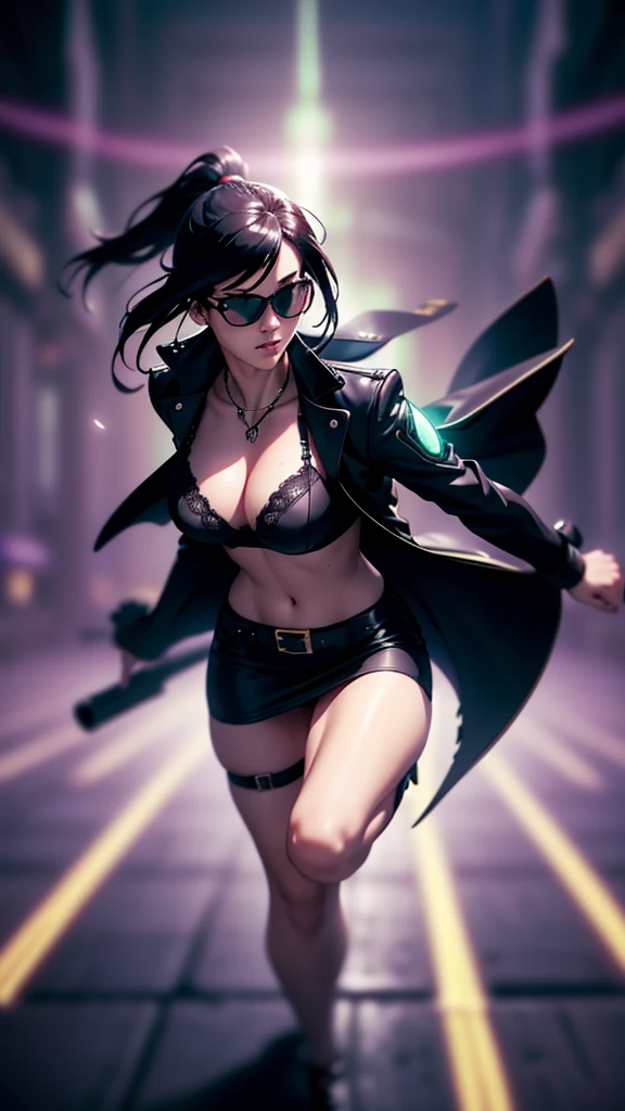 cyberpunk-style city with a nocturnal vibe with Matrix-like aesthetic references, glowing huge clock tower as time machine, green glowing cascading code. At night, (1girl, solo, alone), photorealistic, medium-breast slim:0.6 body, oval:0.5 face, cleavage:1.1, sexy black laced bra, miniskirt, white laced panty, coat, (black micro sunglasses), (holding a short gun), (slightly leaning forward running pose), ((half-body thigh level medium shot)), cinematic lighting, ray tracing, radial zoom blurred background.