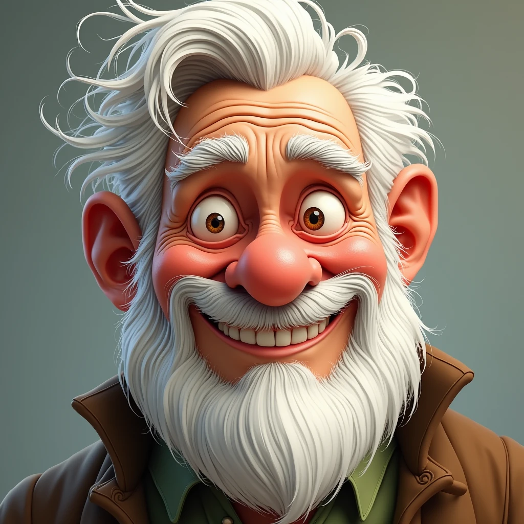 An old man with a mischievous smile(Close-up of face): "A highly detailed close-up illustration of an elderly man's face with white hair and a bushy beard, his lips curled into a mischievous grin. His eyes are twinkling with playful energy, and the fine lines of his wrinkles accentuate his lively expression. The background is softly blurred, enhancing the cheeky nature of his smile."