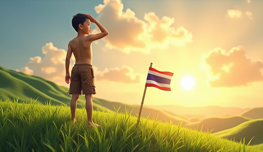 Ultra realistic A shirtless Thai boy wearing ripped brown shorts stands on a grassy hill and salutes the sun with his right hand, with a bamboo pole decorated with the Thai flag next to him.