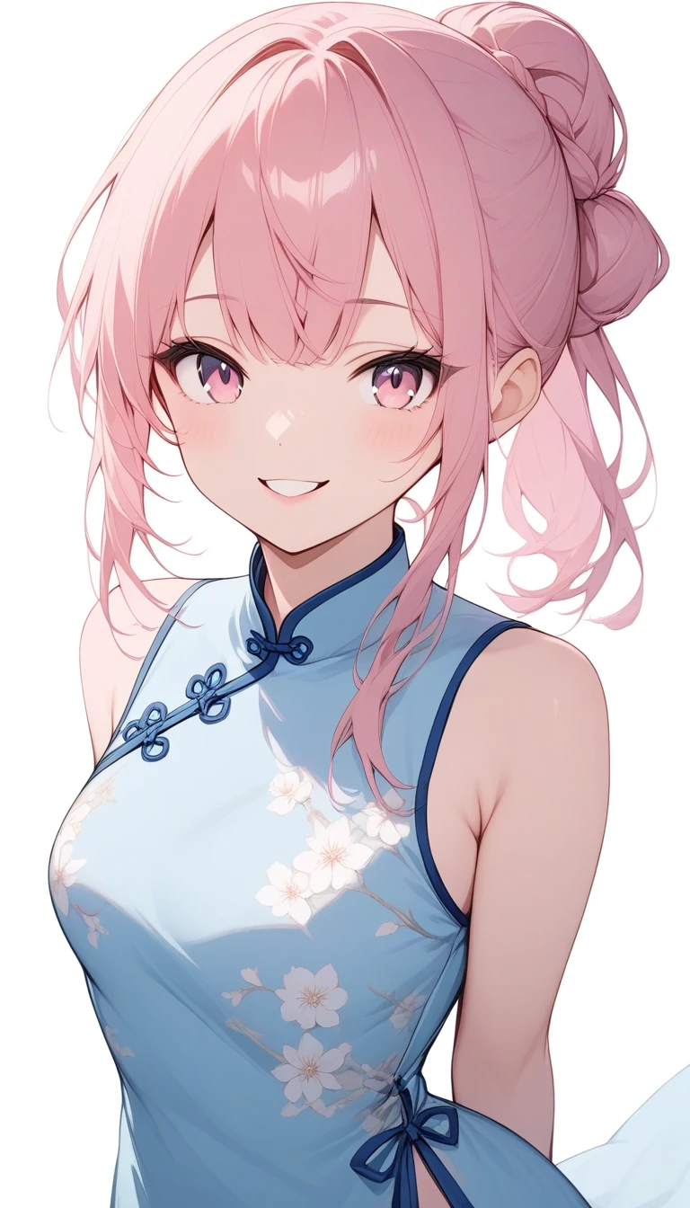 {{masterpiece}}, The best quality of life, 超High resolution, Attention to detail, high quality, High resolution, 最high quality, 4K, 8k,Attention to detail,((Pink long hair、Hair tied up))) 、One person, 1 female、,((Perfect pink eyes、makeup)) ,((White background))、(((White and light blue Chinese dress))、Cute Smile、Cowboy Shot、Watching Me