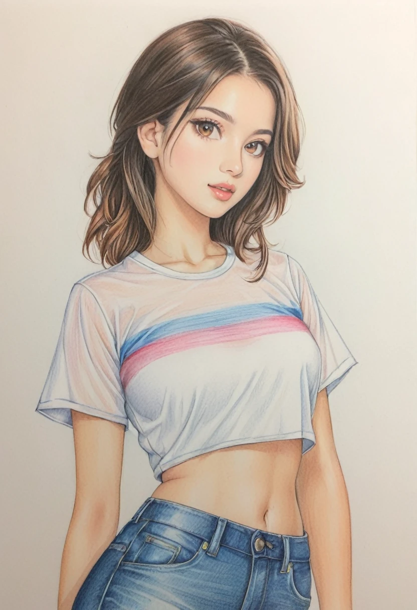  female，crop shirt，white，Art，colour pencil drawing，draft drawing 