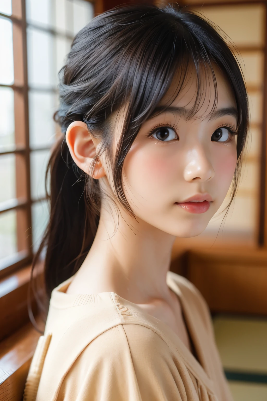(Beautiful Japanese Women), Cute Face, (Deeply chiseled face:0.7), (freckles:0.6), Soft Light,Healthy white skin, shy, ponytail, (Serious face), (Sparkling eyes), thin