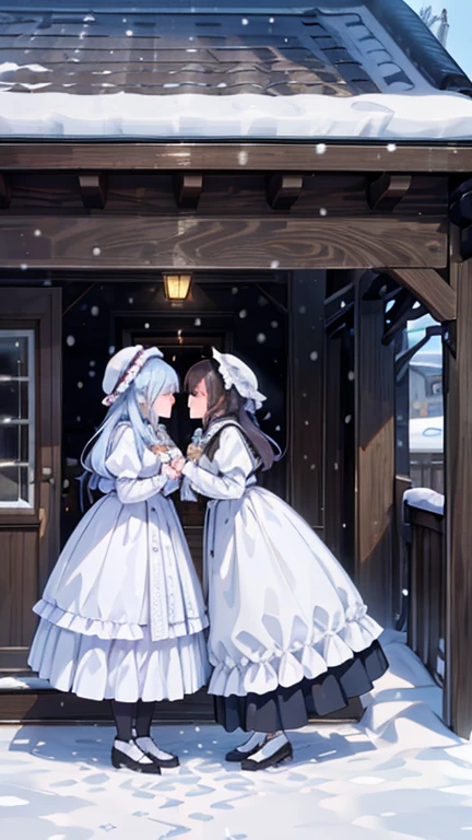 best quality, high quality, ultra quality, 8k, masterpiece, detailed, extremely detailed, insanely detailed, ultra detailed, ultra highres ,exquisite, Snow Scenery,(Snowing Town:1.2), (Two women kissing)