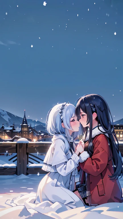 best quality, high quality, ultra quality, 8k, masterpiece, detailed, extremely detailed, insanely detailed, ultra detailed, ultra highres ,exquisite, Snow Scenery,(Snowing Town:1.2), (Two women kissing)