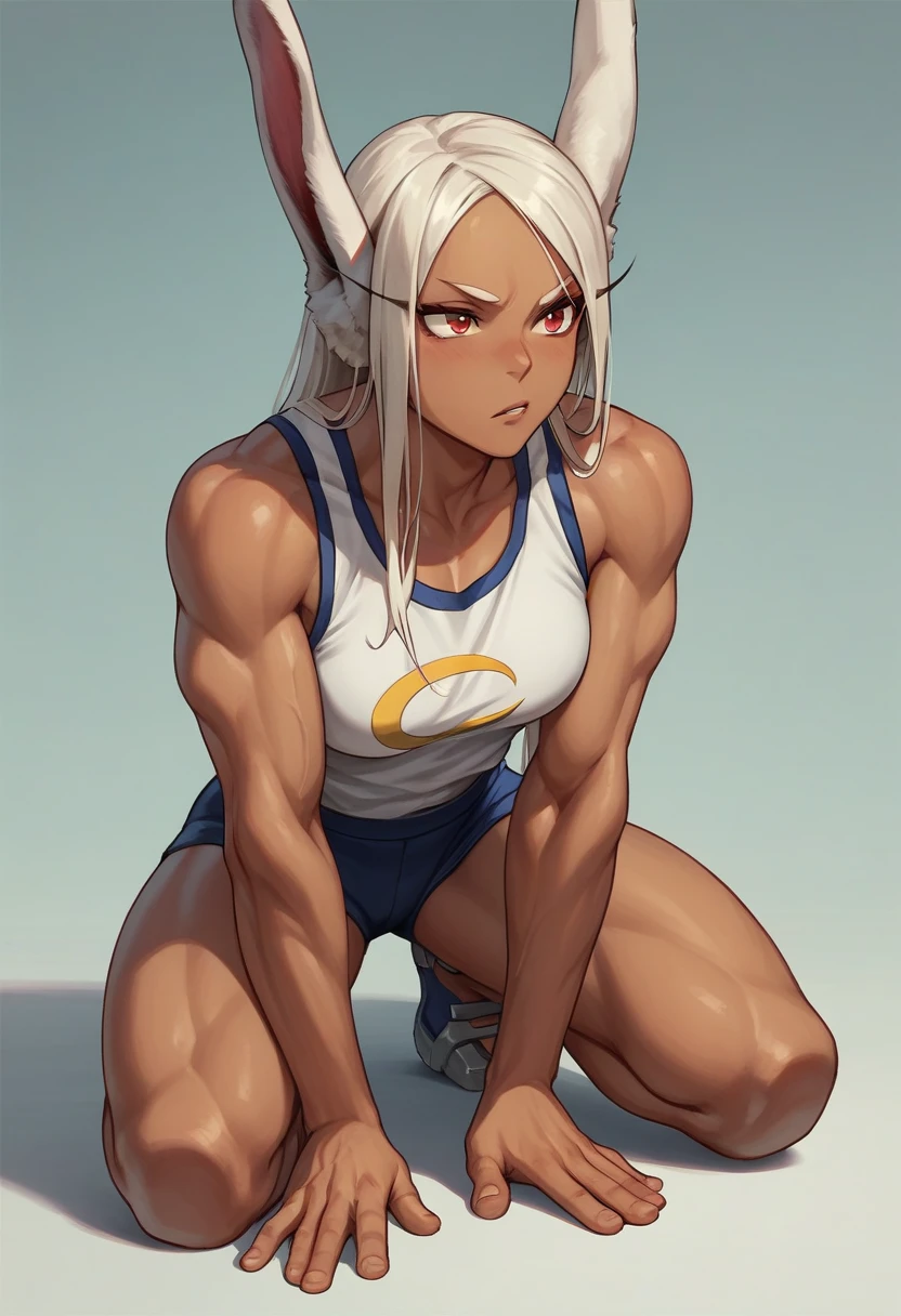 a girl, Rumi Usagiyama, boku no hero academia, My Hero Academia, Rumi Usagiyama, in a gym, doing exercises, squat with weights, squatting on a rubber dildo, with clothes, I was in the vagina, sitting on the dildo, confrontation, tired, expression of effort