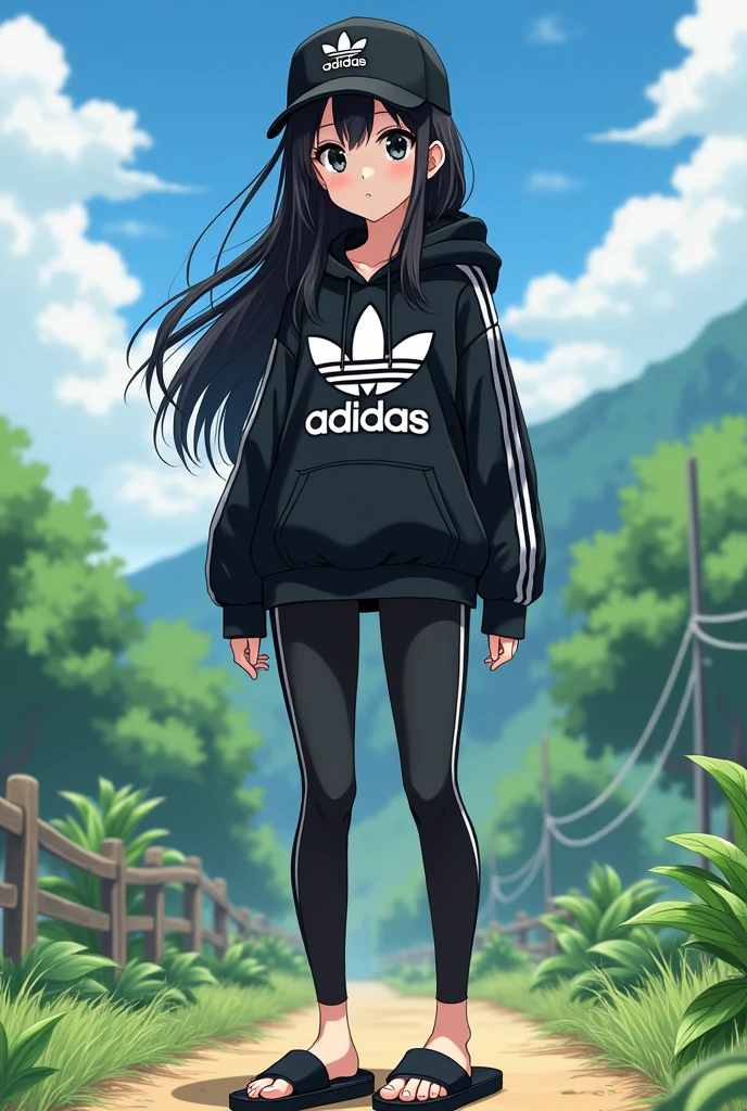 beautiful anime girl, black hair, wear black adidas slippers, black eyes, barefoot, wear black adidas cap, wear black adidas hood, wear black adidas leggings, background is countryside