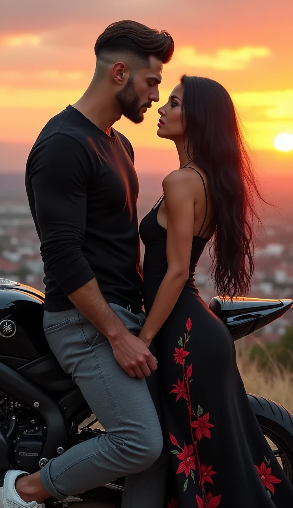 A tall, muscular man with tanned fair skin, leaning relaxed on a black Yamaha R1 motorcycle. His intense dark pink eyes are fixed on a woman in front of him., with a passionate look. He has black hair in a stylish tomboy cut., and wears a long-sleeved black blouse that highlights her trained body, along with gray sweatpants and white sneakers with black accents.
Ao fundo, the landscape reveals the silhouette of a city under the soft light of the sunset, creating a warm and enveloping contrast. The woman he is looking at has long black hair that falls softly over her shoulders., crimson red eyes that glow with intensity, and clear skin. She is dressed in an elegant black dress adorned with red flower details., complemented by a low boot. The scene captures an intimate and emotional moment between the two., with the orange sky in the background, bringing an atmosphere of serenity and romance.