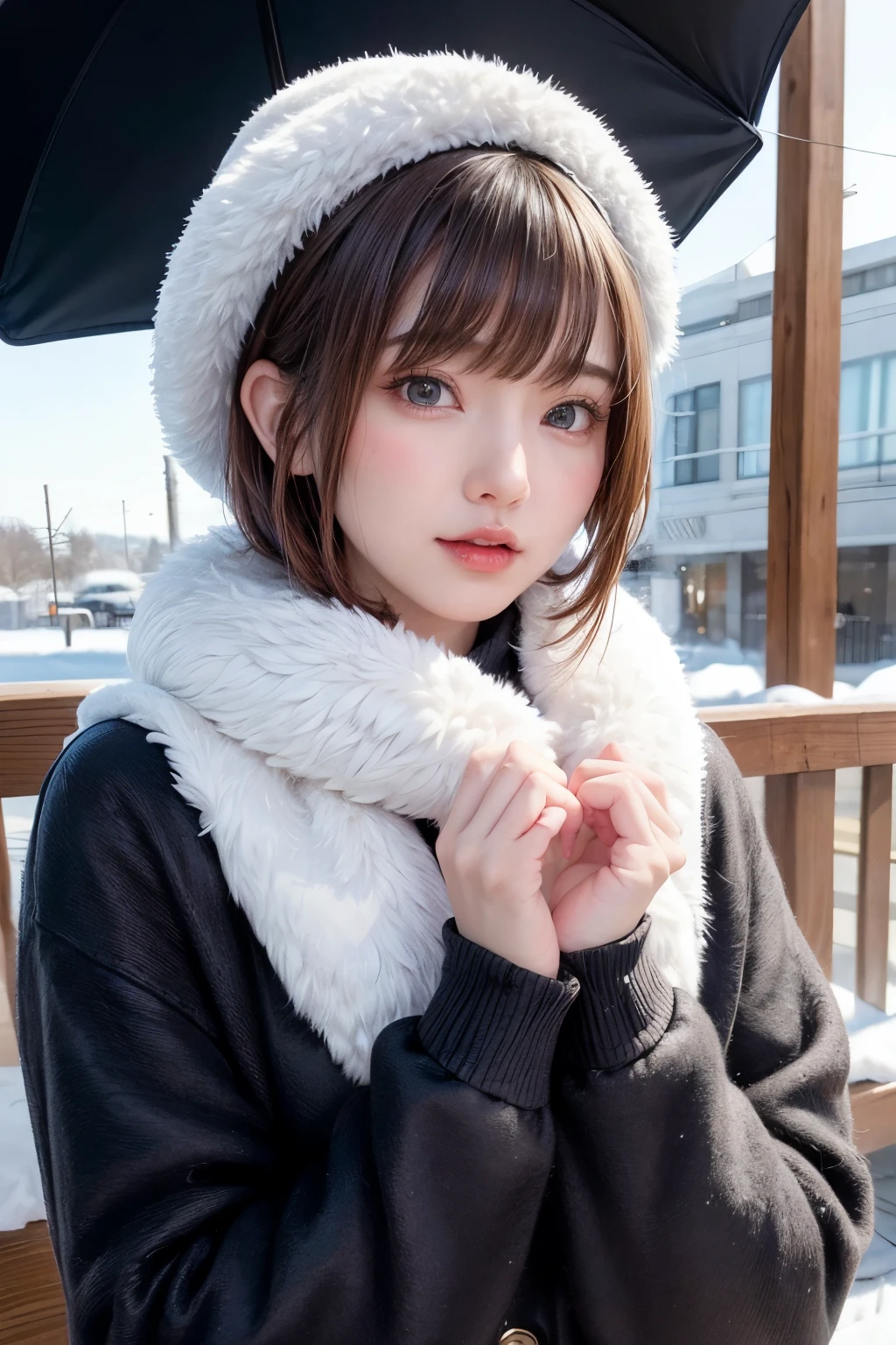 (masterpiece, Highest quality),One Girl, solo, Black-haired, scarf, hat, Realistic, Realistic, Looking at the audience, Light-coloured black eyes, Short brunette bob hair, Brown coat, Winter clothes, White headscarf, Lips, Bans, Plein Air, Mouth closed, Upper body、Big eyes、Eyelashes、((Beautiful landscape with sparkling snow))、(((Short bob hair with bangs、Shiny Hair、Big eyes、large full chest、Intensely accentuates the eyes、Staring at the audience、Beautiful beauty、Listen carefully、Long neck、Smile a little、Please close your mouth and laugh、Ideal body proportions)))、{huge|big|hugeな|Mega} chest:2, chestの谷間:2