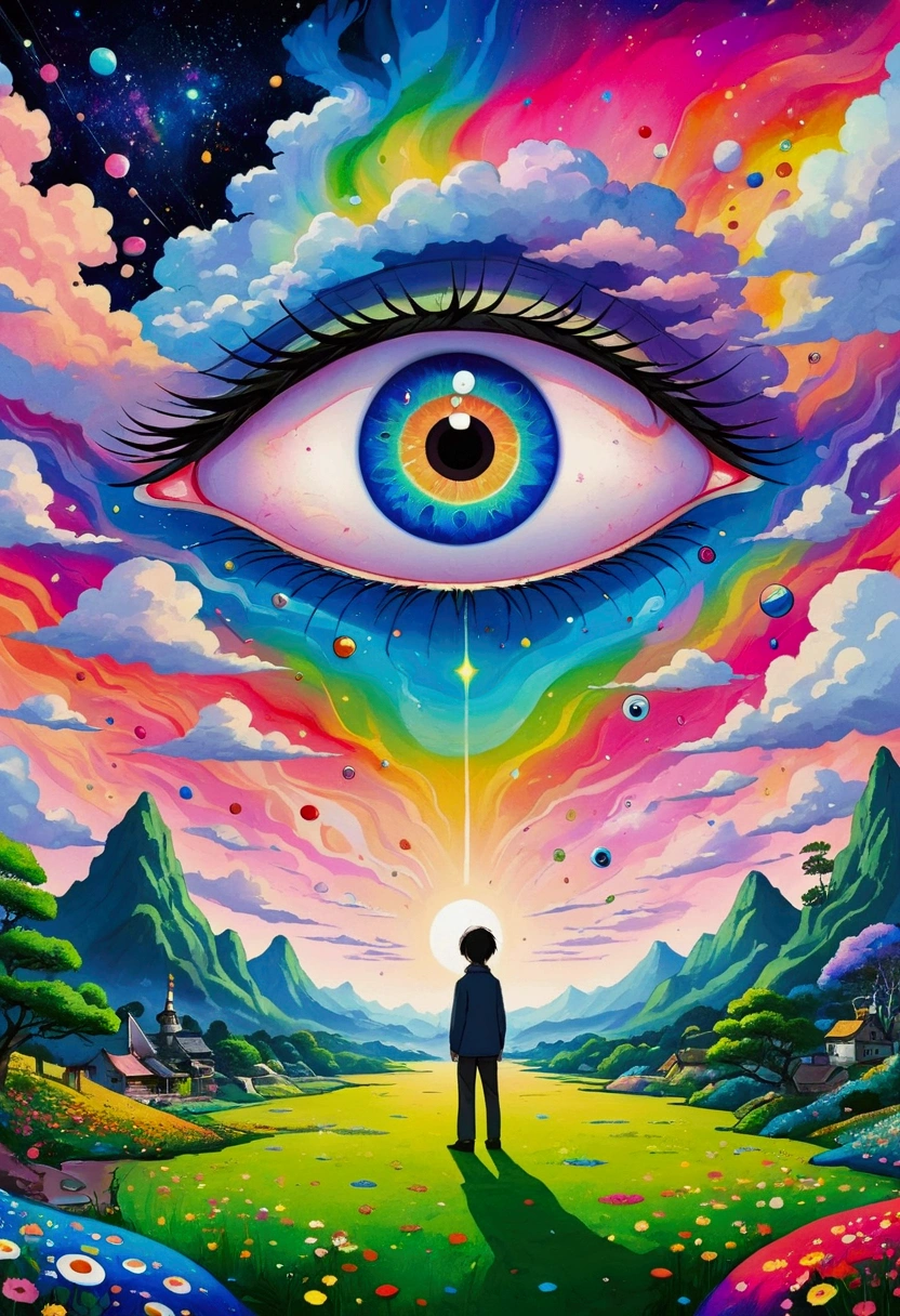 The painting shows a man standing in front of a colorful eye, Illustration of Murakami Chemical, pixiv, Concept Art, Fantasy psychedelic anime, Color illustrations, Psychedelic illustration, Look into my eyes, Blurred dreamy illustration, human eyes, Blurred dream illustration, an eye, No Eyes, Keep your eyes open, Eye of the Universe
