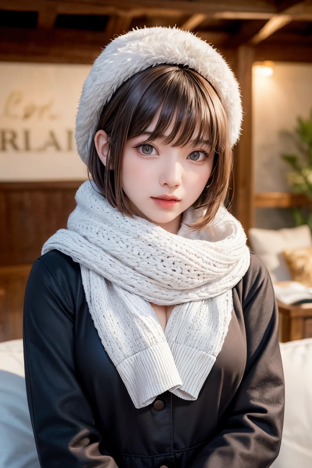 (masterpiece, Highest quality),One Girl, solo, Black-haired, scarf, hat, Realistic, Realistic, Looking at the audience, Light-coloured black eyes, Short brunette bob hair, Brown coat, Winter clothes, White headscarf, Lips, Bans, Plein Air, Mouth closed, Upper body、Big eyes、Eyelashes、((Beautiful landscape with sparkling snow))、(((Short bob hair with bangs、Shiny Hair、Big eyes、large full chest、Intensely accentuates the eyes、Staring at the audience、Beautiful beauty、Listen carefully、Long neck、Smile a little、Please close your mouth and laugh、Ideal body proportions)))、{huge|big|hugeな|Mega} chest:2, chestの谷間:2